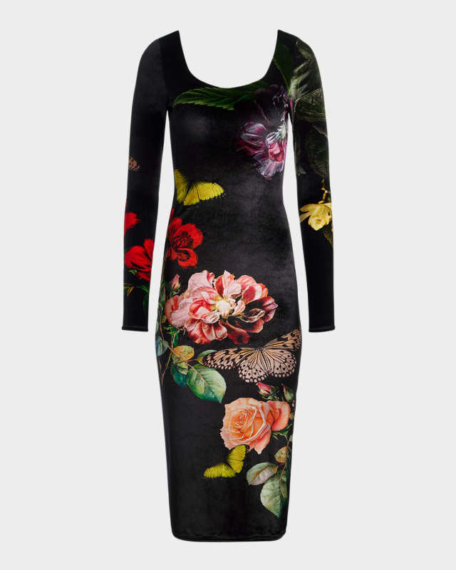In The Wind Floral Delora Scoop-Neck Velvet Midi Dress